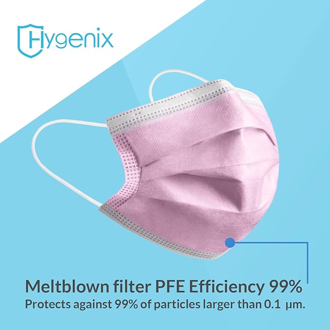 Hygenix Pink 3ply Disposable Face Masks PFE 99% Filter Quality Tested by a US lab(Pack of 50 Pcs)
