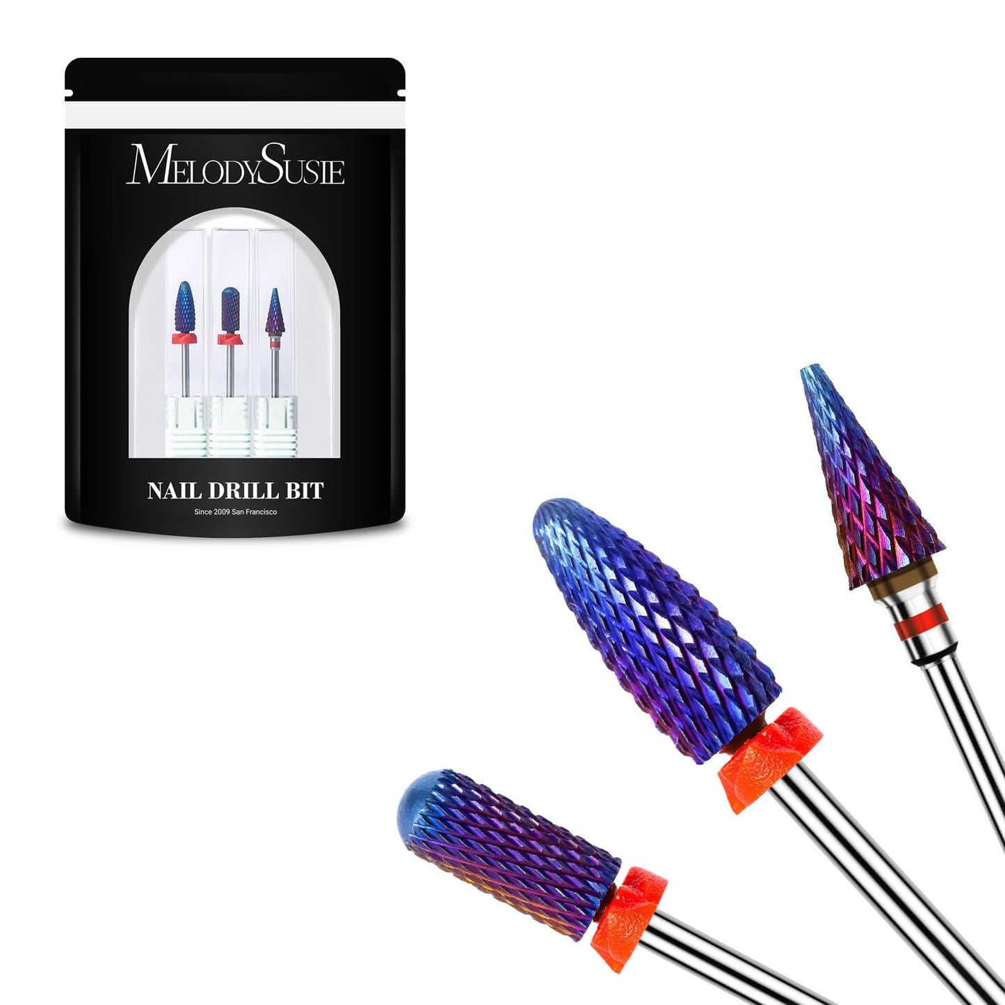 MelodySusie 100Pcs Soft Nail Sponges for Ombre with 3Pcs Nail Drill Bits Set, Long Flame, Smooth Round Top Small Barrel and Tapered Nib Bits