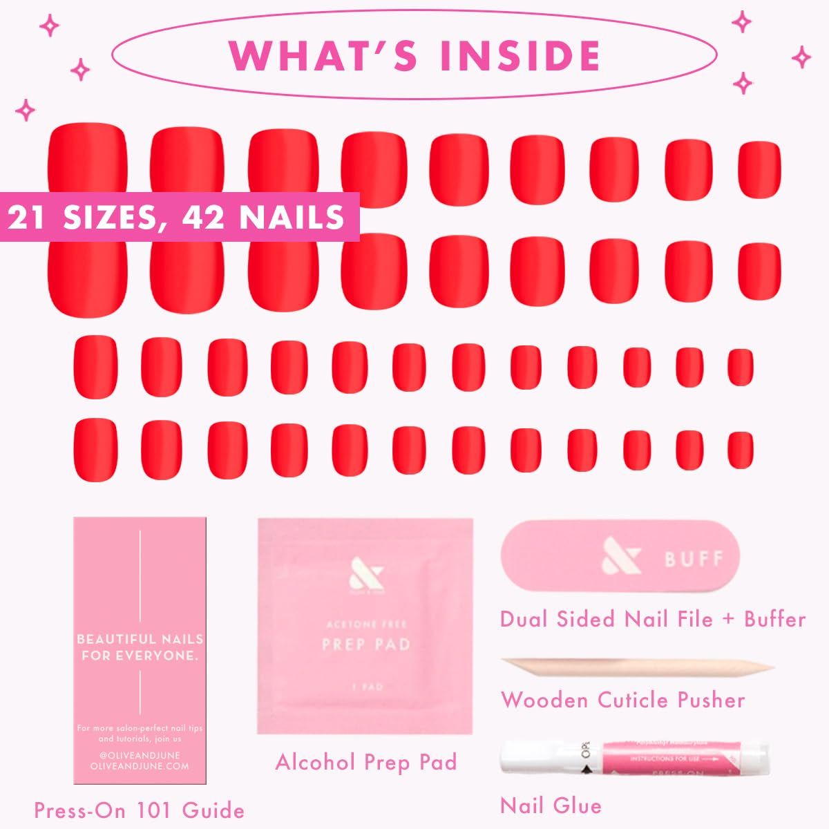 Olive & June Instant Mani Press-On Nails (Glue) | 42 Fake Nails, 21 Sizes | Non-Toxic, Long-Lasting Recycled Materials Realistic Look | Salon-Quality at Home | Short, Squoval | CV Cherry Red