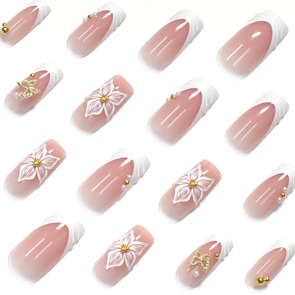 CTTHNBD Press on Nails Square - White French Tip Fake Nails with Flower Butterfly Design - Medium Long False Nails - for Women 24 Pcs