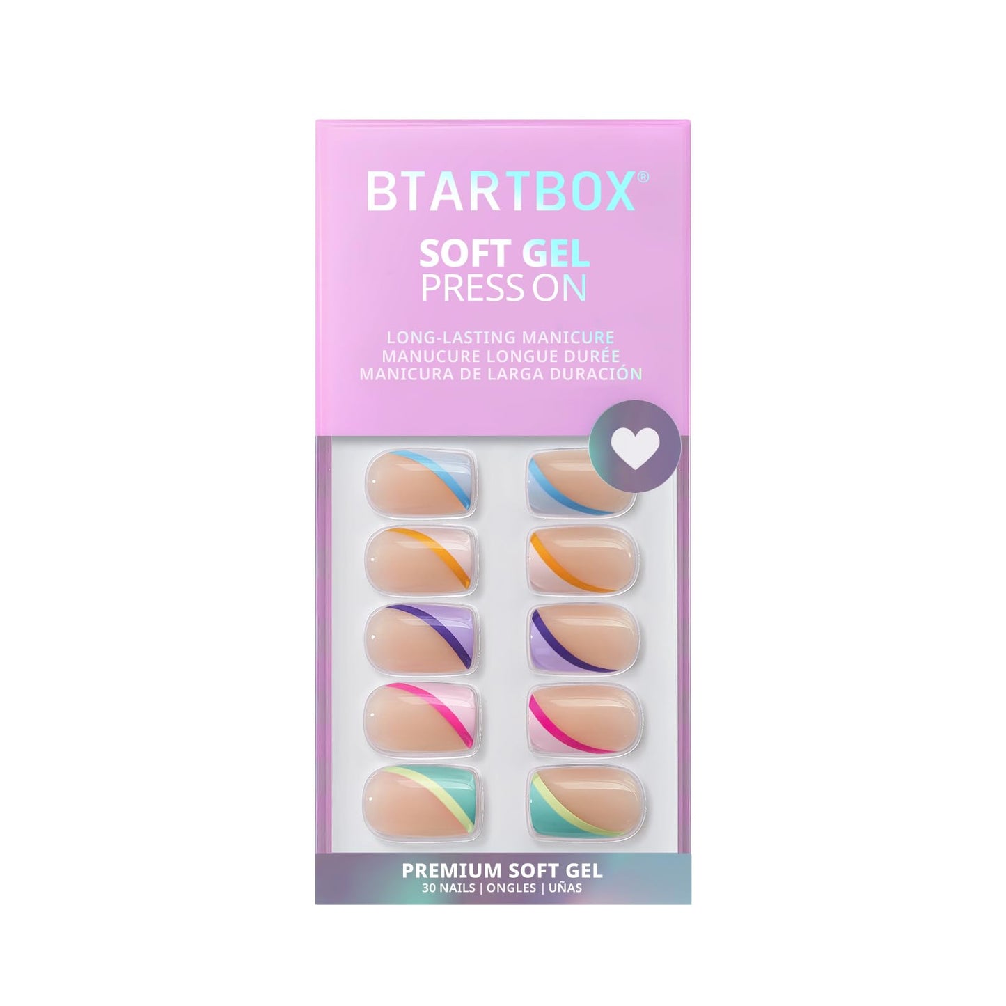 BTArtbox Short Press On Nails - Soft Gel French Tip Press On Nails, Supremely Fit & Natural Square Glue On Nails with Nail Glue, Reusable Stick On Nails in 15 Sizes, Pastel Curves