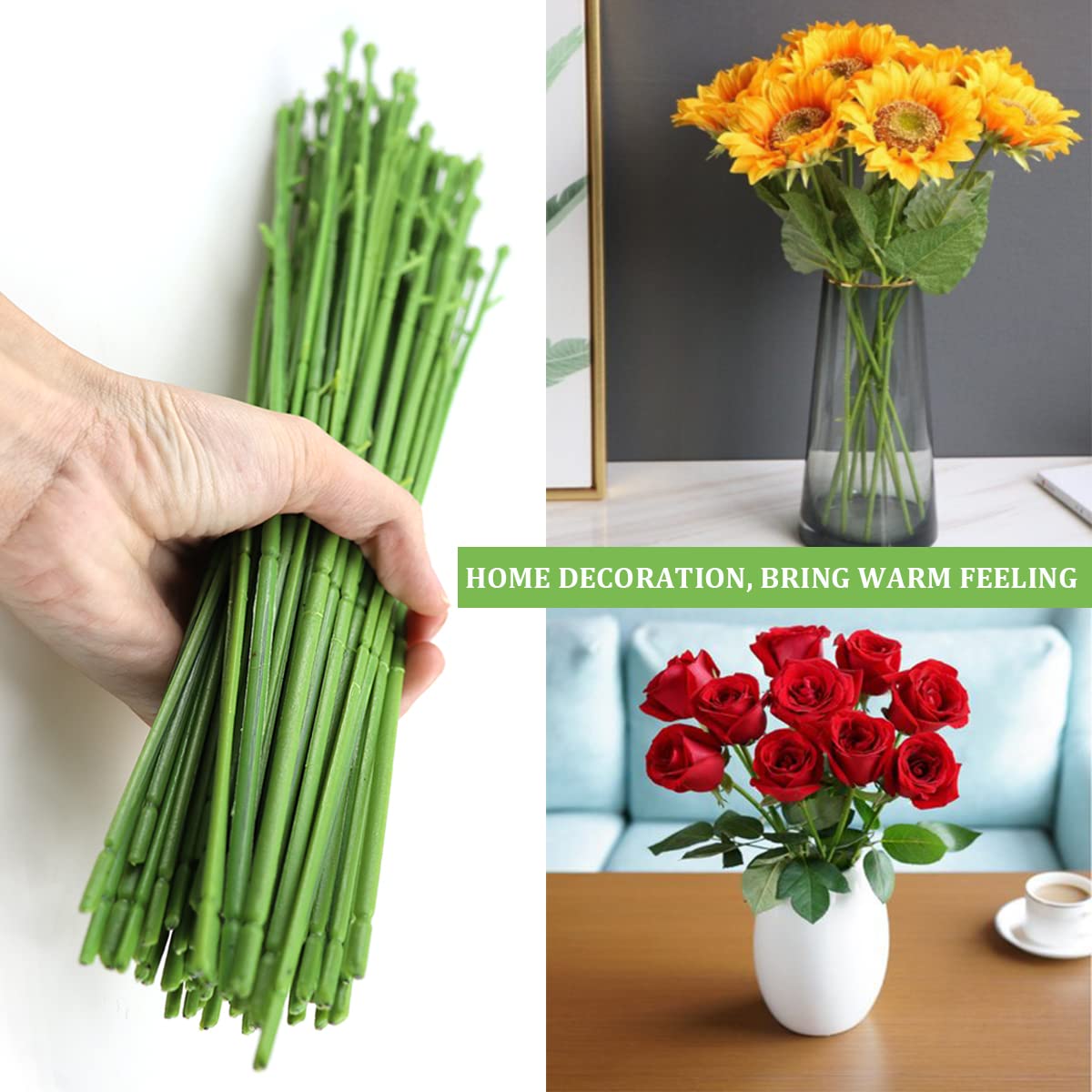 YOLUFER 100Pcs Floral Wire Stems Plastic Artificial Flower for Craft Floral Green Stem Wire DIY Craft Bouquet Making Floral Arrangement Tools