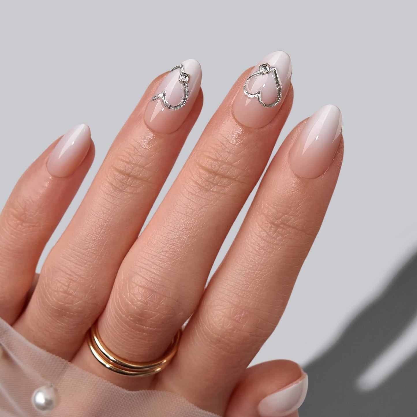 BTArtbox Press On Nails Short - Bridal Side, Easy-to-Apply 3D Heart Ombre Nude Almond Press On Nails with Glue and Adhesive Tabs in 16 Sizes - 32 Nails All-in-One Kit