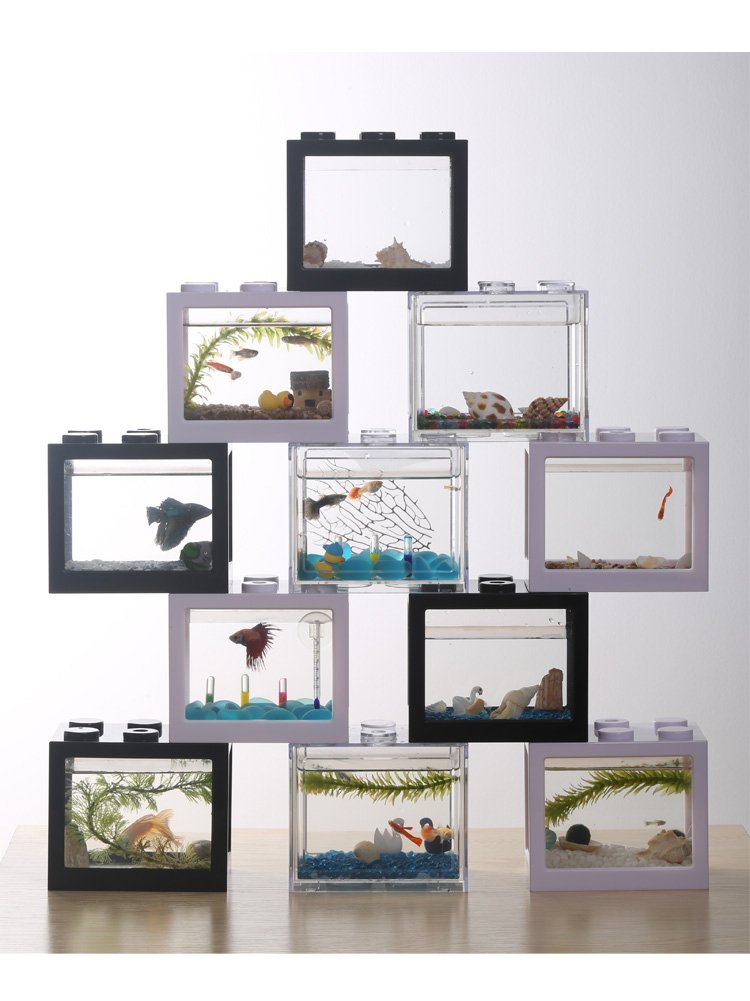 OMEM USB Mini Fish Tank, Desktop Micro-Landscape LED Aquarium Kit, Building Blocks Superimposed Fish Tank