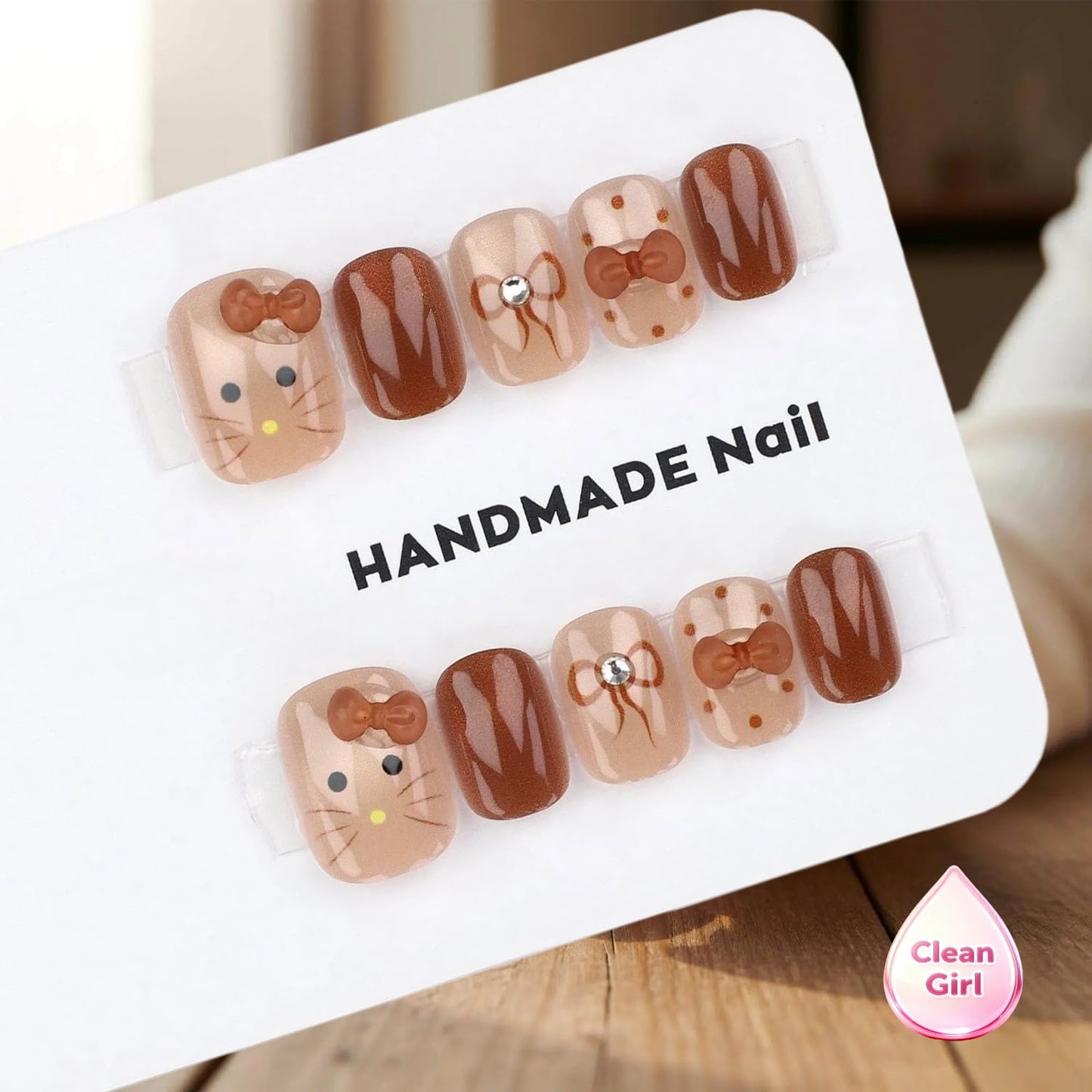 3D Cute Bow Brown Press On Nails, Short Square Nude Cartoon Style Fake Nails, Glossy Chocolate Brown On Nails for Women, Easy to Apply Reusable, 30 PCS Set (The sizing runs small)