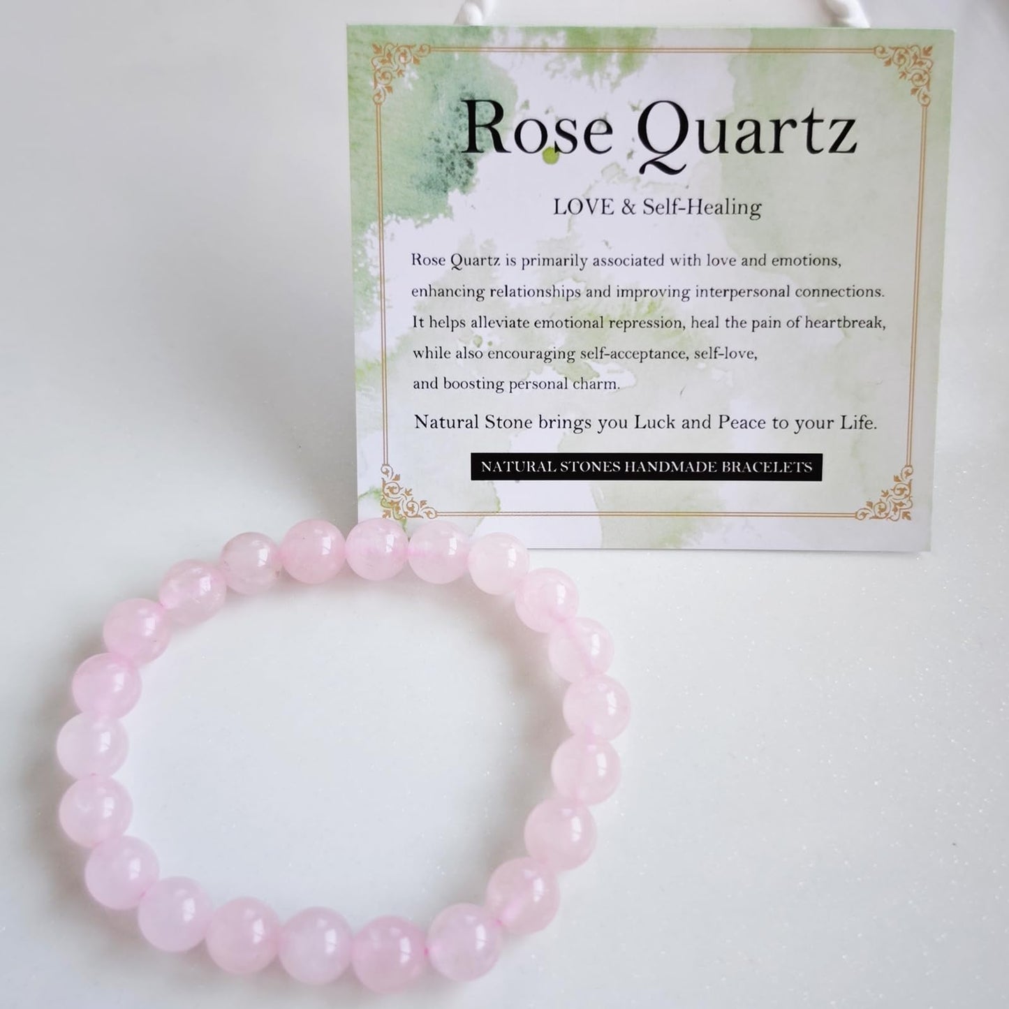 Handmade Natural Gemstone Elastic Bracelet - Healing Crystal Beads Jewelry, Unisex (Rose Quartz, 8mm)