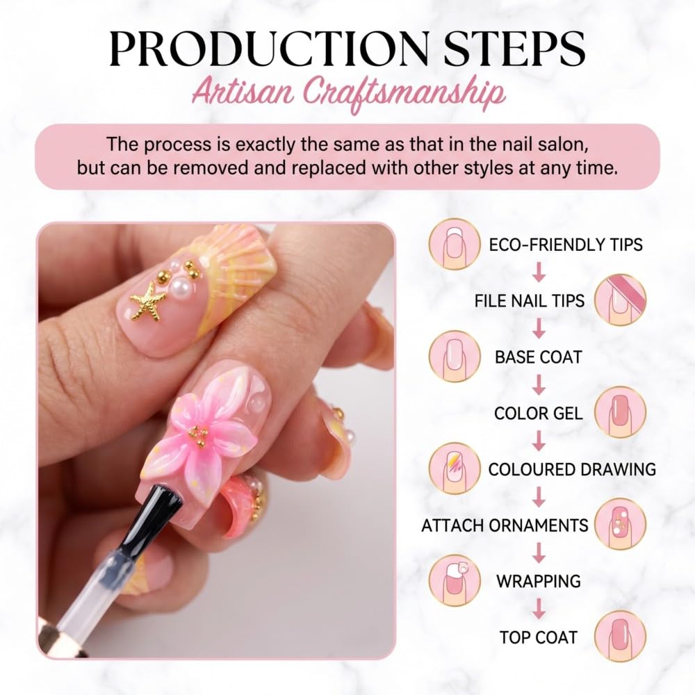 Vokupoga Square Handmade Press on Nails Medium Fake Nails with 3D Flower Pearl Designs French Tip Summer Beach Glossy Acrylic Nails for Women 10Pcs(Size M)