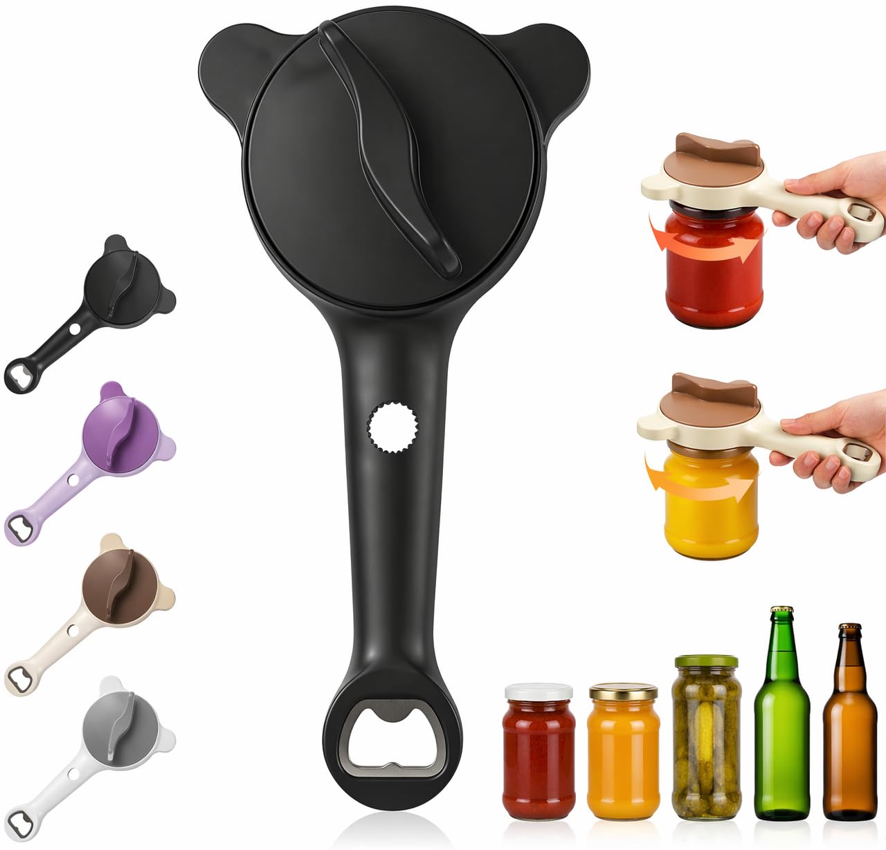 4-in-1 Multi-Purpose Jar Opener – Upgraded Adjustable Three-Claw Bottle Opener with Non-Slip Teeth, Multi-Size Lid Tool for Jars, Cans, Wine Bottles – Essential Kitchen Helper(black)