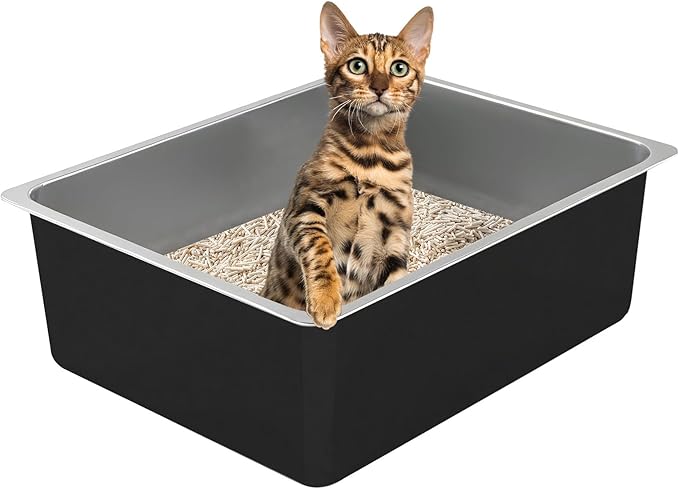 Stainless Steel Cat Litter Box, Metal High Sided Kitty Large Litter Box Pan,Non-Sticky, Easy to Clean, Pet Toilet Supplies for Kitten, Rabbit (Silver, 17.7" x13.8" x6")