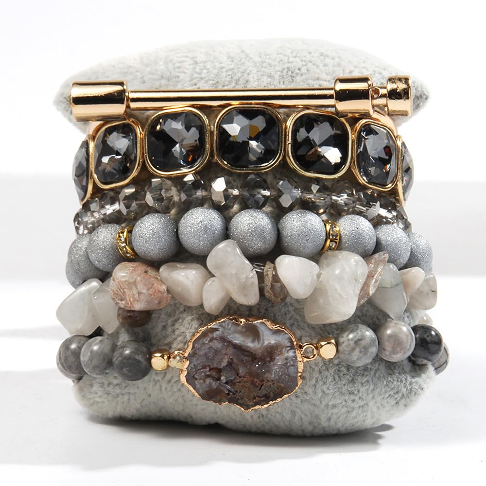Yomisa Boho Beaded Bracelets/Bangle for Women,Multilayer Wrap 6PCS Healing Natural Jasper Stone Bead Bracelets Stackable Friendship Stretch Beaded Bracelet Set Trendy Bohemian Jewelry Gift,Silver Gold