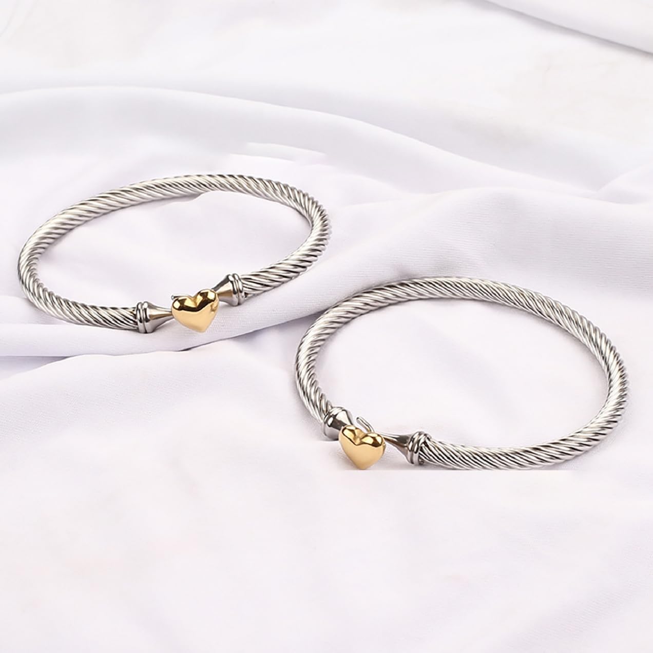 Jeolory Adjustable Twist Stainless Steel Cable Wire 14K Gold Plated Love Heart Charm Bracelets Friendship Open Bangle Wrist Cuff for Women Men