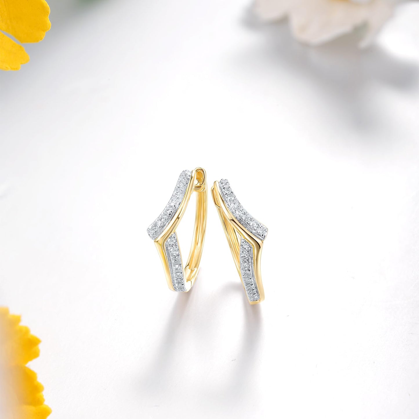 Santuzza 10K Yellow Solid Gold Chevron Shape Earrings Genuine Diamond Simple Huggie Hoop Earrings for Women
