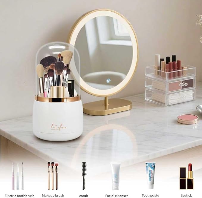 Toothbrush Holders with Cover,Dustproof 360 Rotating 7 Slots Toothpaste Holder for Bathroom Organizer Countertop,Makeup Brushes Organizer,Bathroom Accessories (White)