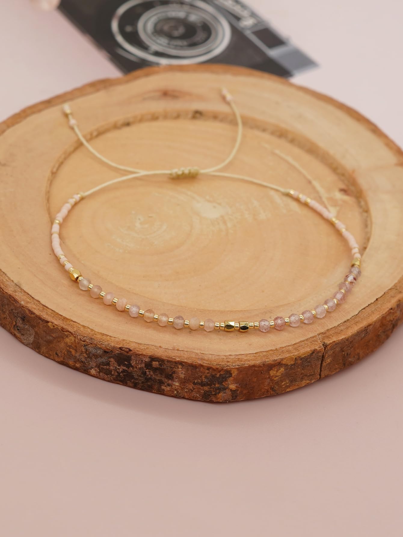 Agriajun Handmade Pink Gemstone Beaded Strand Bracelets for Women Dainty Adjustable Charm Beige String Braided Boho Gold Seed Beads Friendship Bracelets Fashion Jewelry Gift