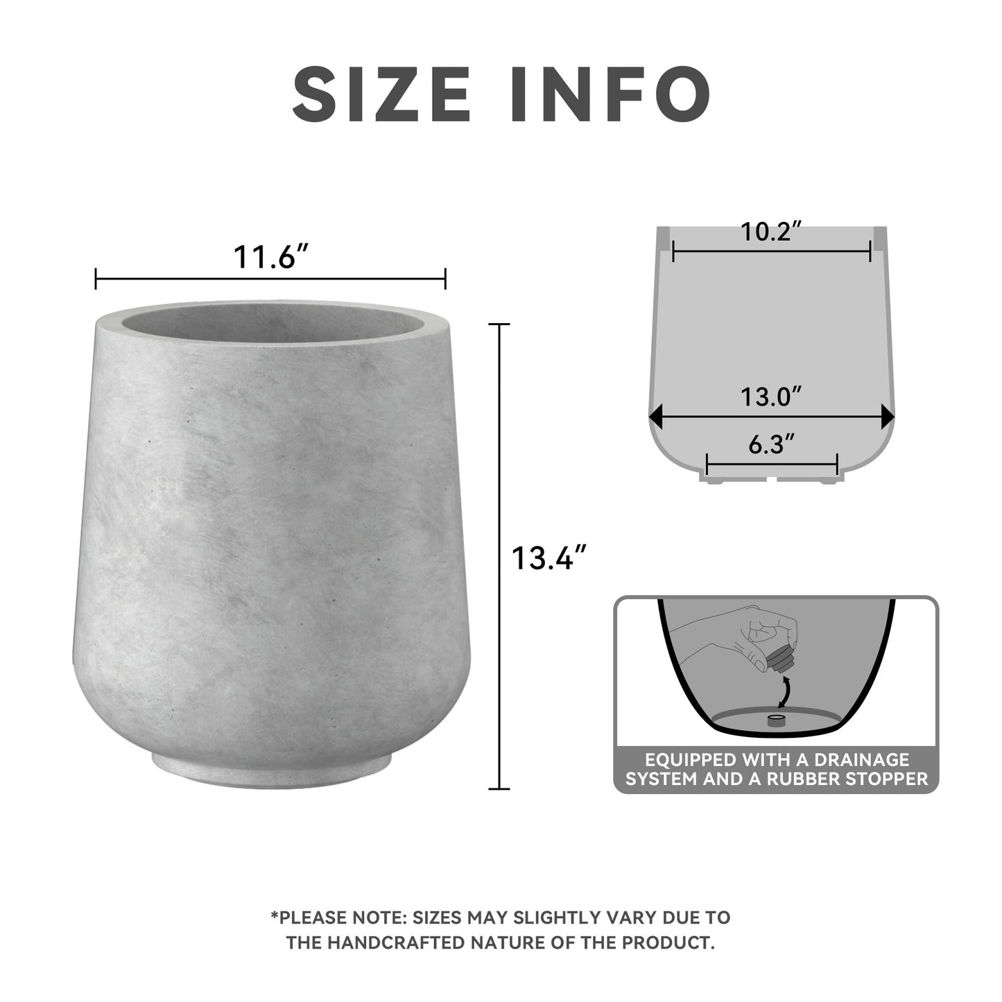 Kante 11.6" Dia Round Concrete Planter, Outdoor Indoor Large Plant Pots Containers with Drainage Hole and Rubber Plug for Home Garden Patio, Gray Concrete