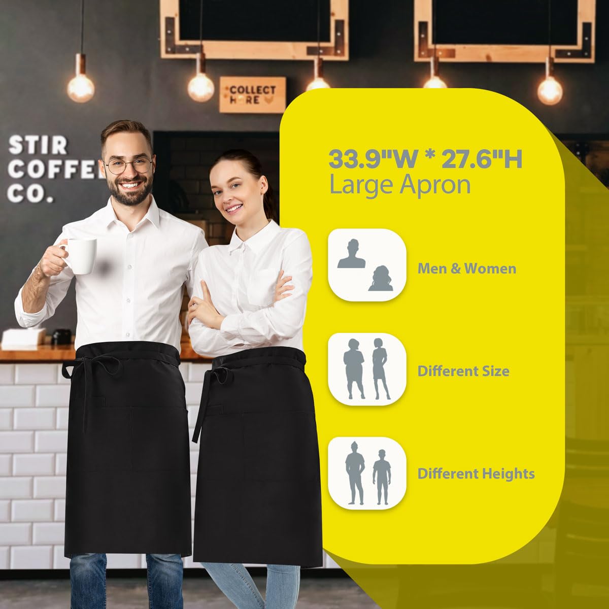 ROTANET Long Server Apron Black with 3 Pockets Bistro Half Aprons for Men Women Waiter Waitress Chef 28 Inch Waterproof
