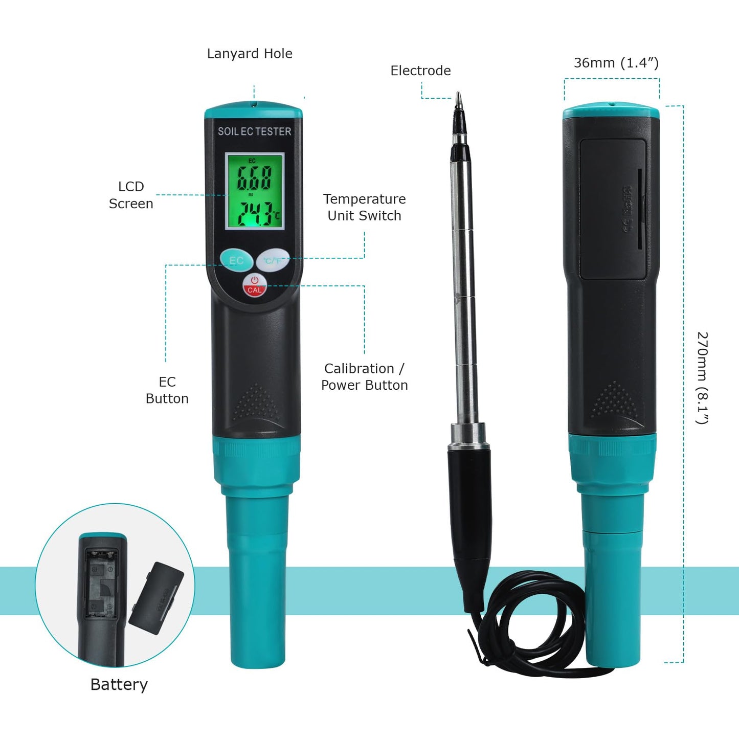 Digital Soil EC Meter 2-in-1 Porfessional Plants EC Temperature Tester Meter with Corded Sensor, Backlight LCD Display, Temperature Compensation, Easy Calibration for Soil Plants Lawn Nutrient Test