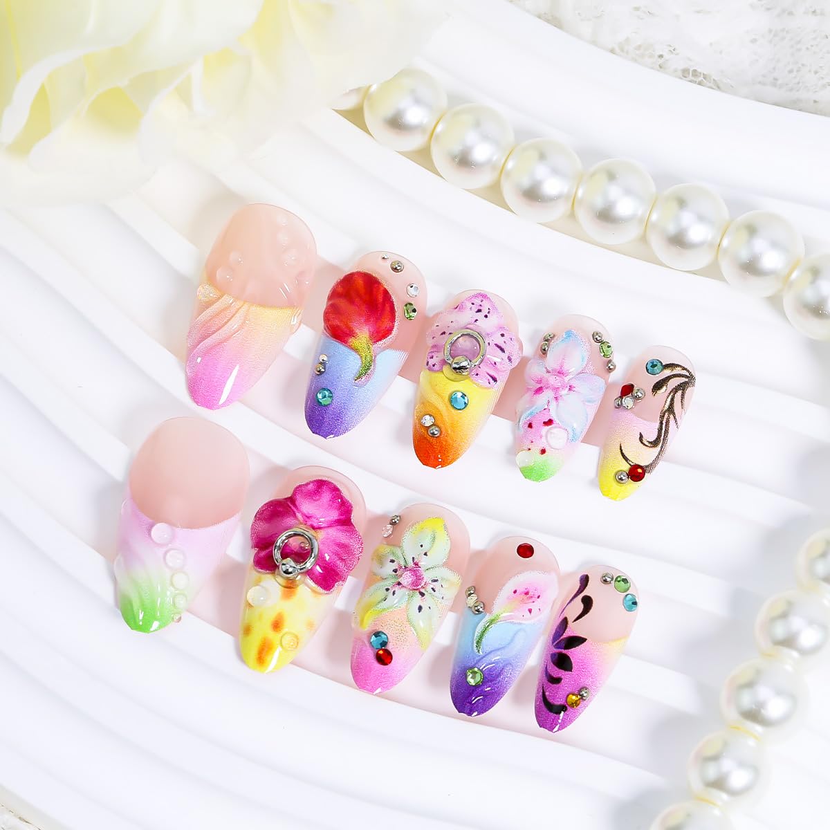 24Pcs 3D Flower Press on Nails Medium Almond Fake Nails French Tip False Nails with Silver Pearl Rhinestones Gilding Design Colorful Summer Stick on Nails Full Cover Artificial Glue on Nails for Women