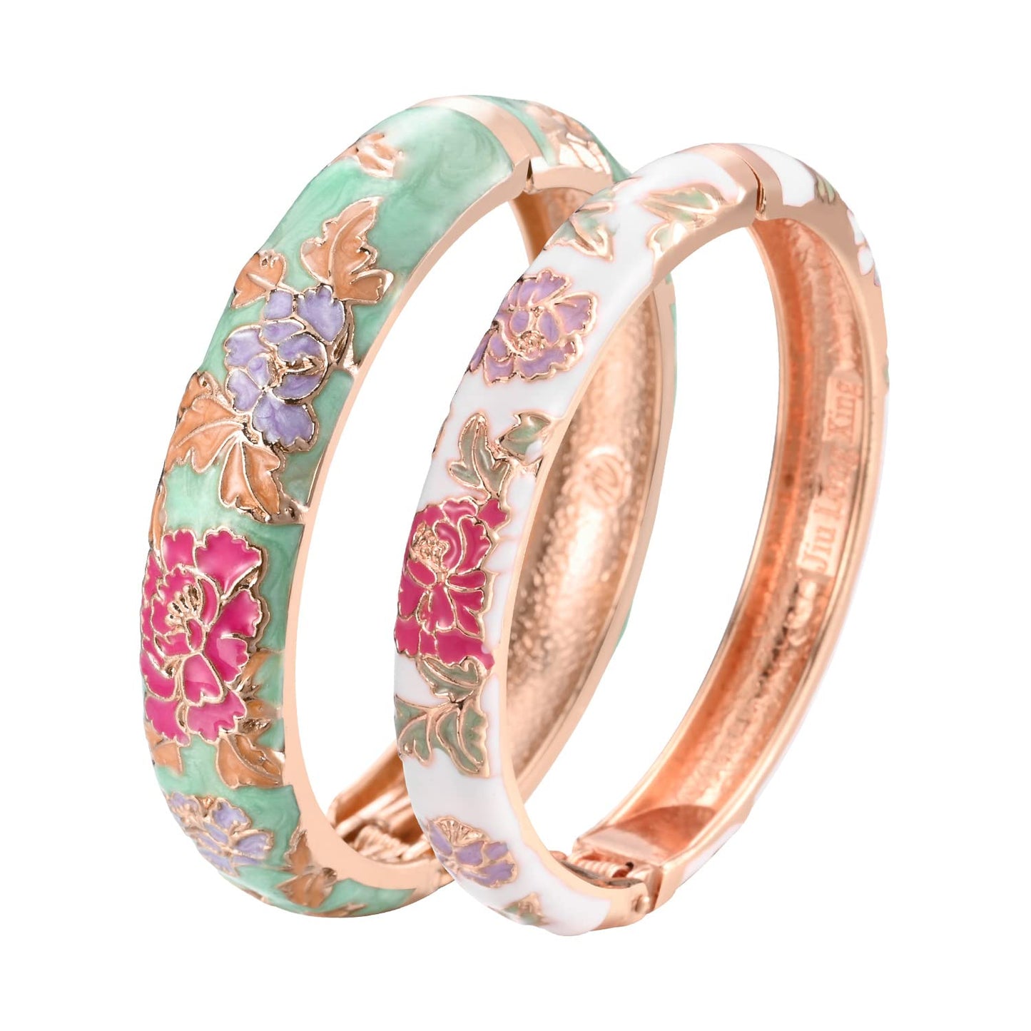 UJOY Vintage Handcraft Jewelry Cloisonne Bracelet Enamel Floral Spring Hinged Gold Plated Womens Bangles Gifts Box 55C48-55A113 Green White