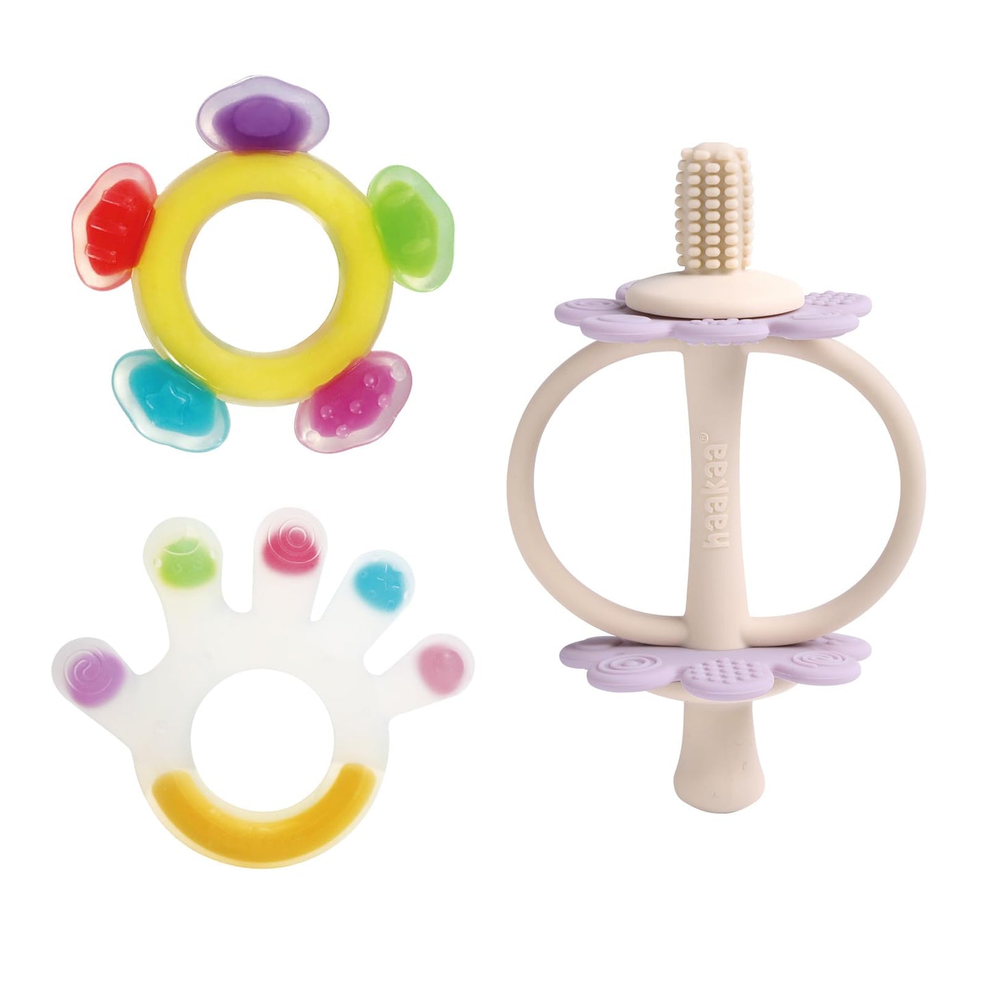 Haakaa Silicone Teether Set-Baby Freezer Teething Toy-Twin Flower Teether,Nipple-Shaped End for Gum Massage,360° Baby Toothbrush Head for Self-Brushing Training