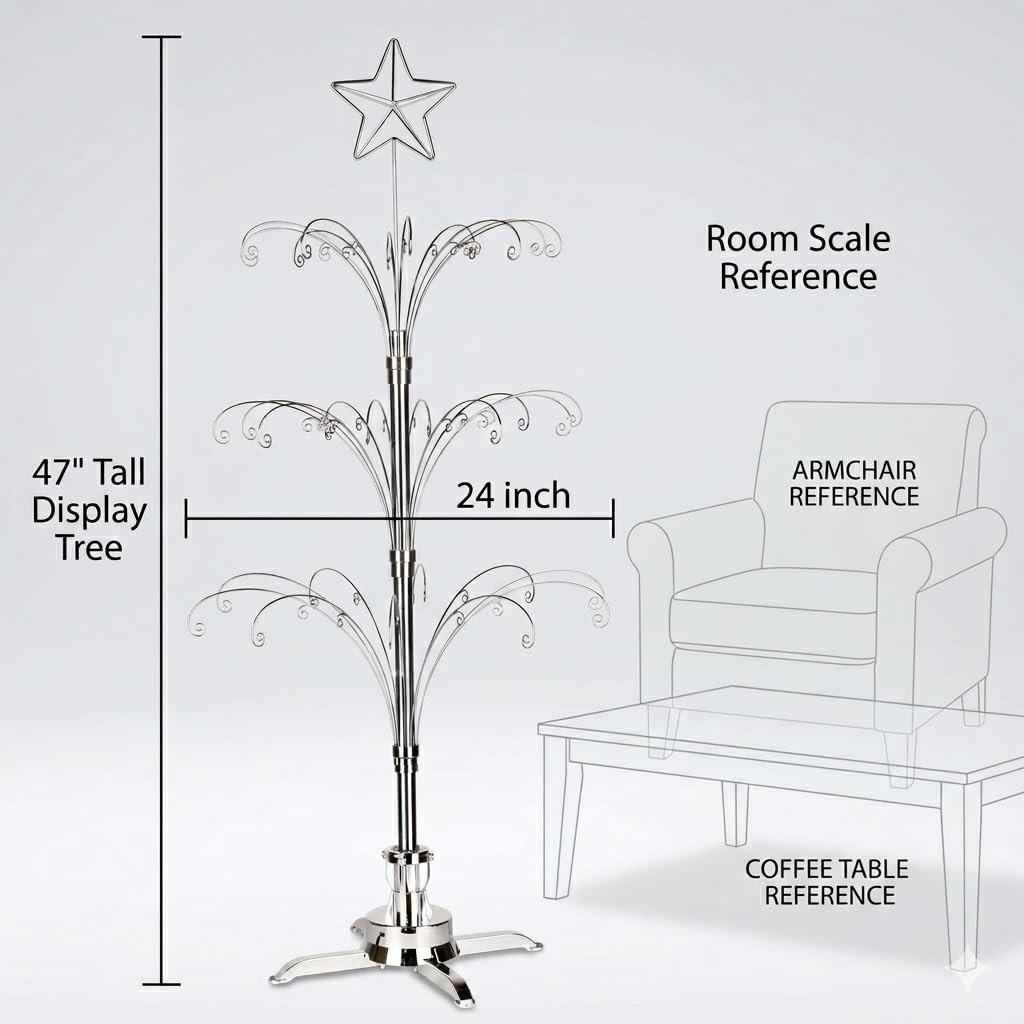 HOHIYA 47" Rotating Ornament Display Tree with 60 Hooks Heavy Duty Metal Christmas Ornament Stand Silver Rotating Display Rack for Glass Ornaments Holiday Decor Craft Show & Year Round Display
