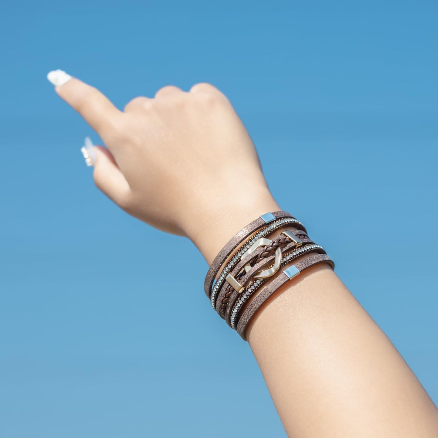 FANCY SHINY Boho Leather Wrap Bracelets Circle Square Bead Braided Handmade Stackable Bracelet Trendy Cuff Bangle for Women(Brown)
