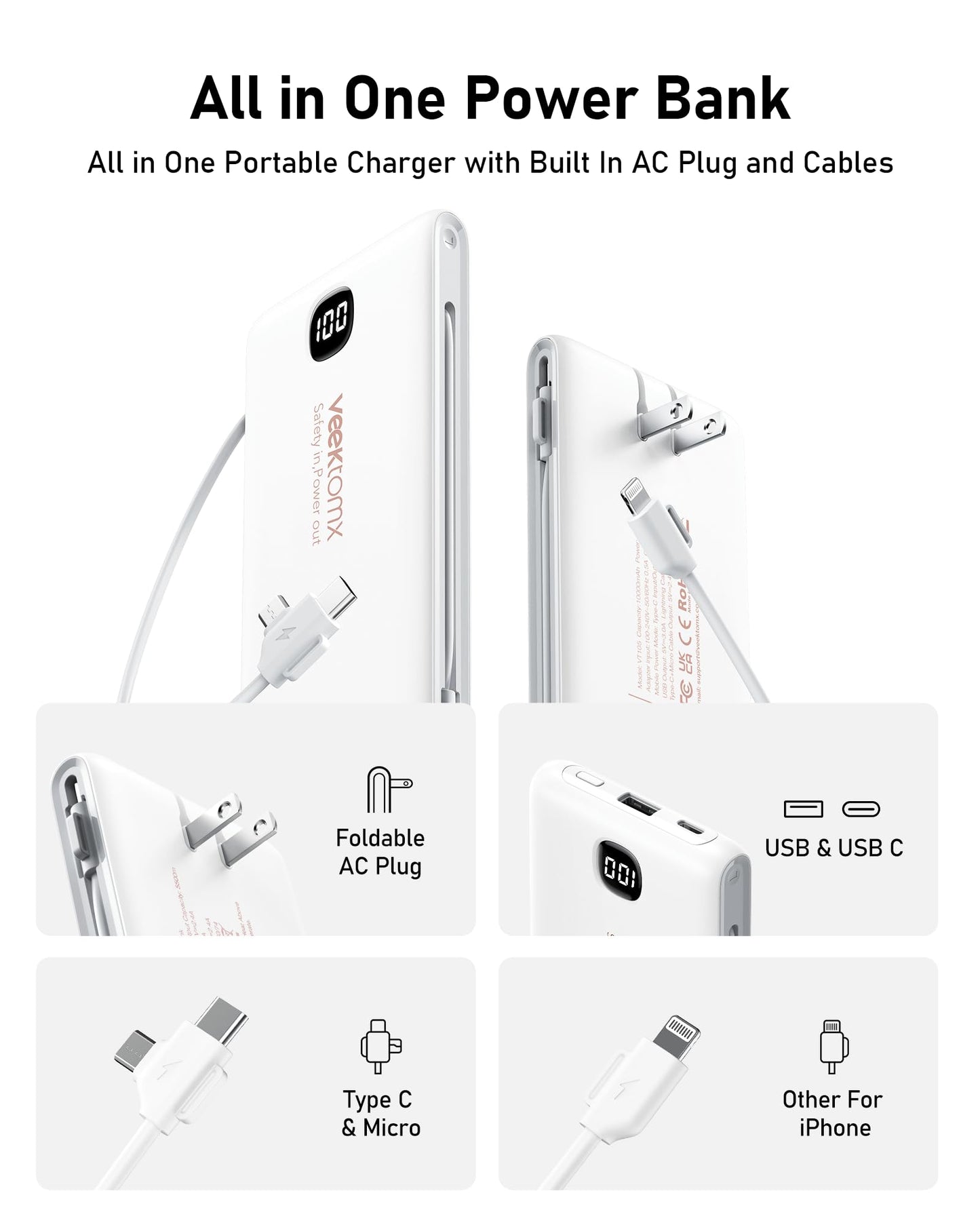 VEEKTOMX Portable Charger with Built in Cables 10000mAh, Power Bank for iPhone with Wall Plug, Travel Essential Fast Charging Slim USB C External Battery Pack for iPhone 17/16/15, Samsung, iPad, etc