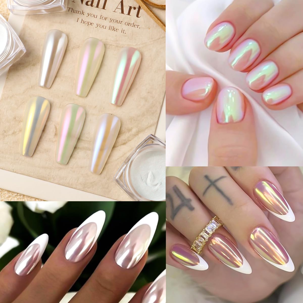 SUTOZMIWE 22 Jars Nail Chrome Powder Set Magic White Pearl Kit Metallic Mirror Effect Gold & Silver Holographic Dip Nail Powder Glitter Nail Chrome Pigment for Manicure Decoration
