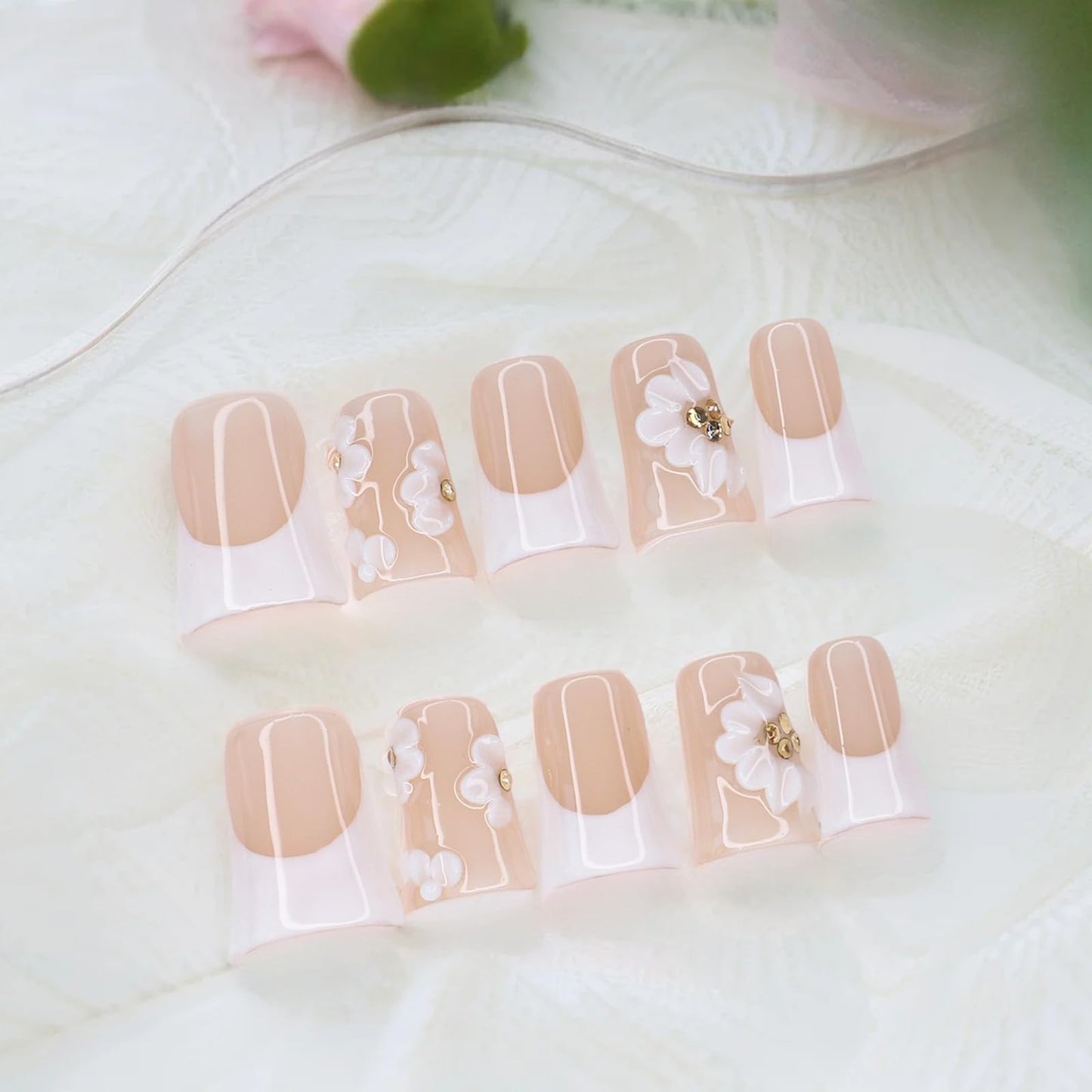 Duck Press on Nails Short Handmade 3D Unique Flower Fake Nails White French Tip False Nails with Designs Thick and Muti-Layer Gel Acrylic Nails Glossy Glue on Nail for Women (Size M)