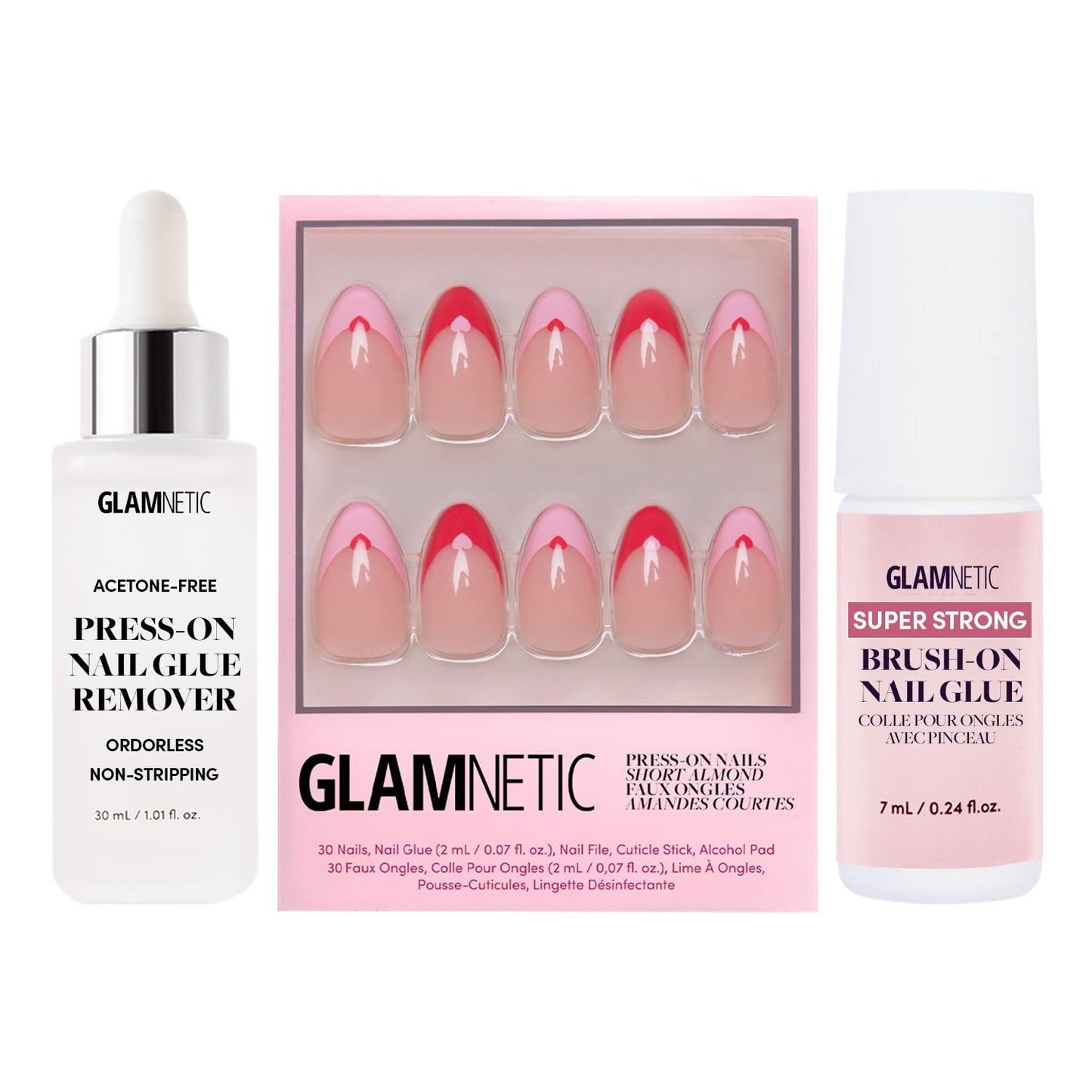 Glamnetic Press-On Nails - Pure Hearted | Short Almond Fake Nails with Heart Accents | 15 Sizes - 30 Nail Kit with Glue and Remover