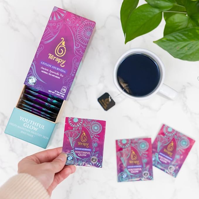 Térapy Ceylon Youthful Glow Herbal Tea Bags | Helps Maintain Healthy Skin and Hair | 100% Natural Blue Butterfly Peas, Licorice Root, Green Tea & More | Individually Wrapped Organic Tea Bags |18 Count