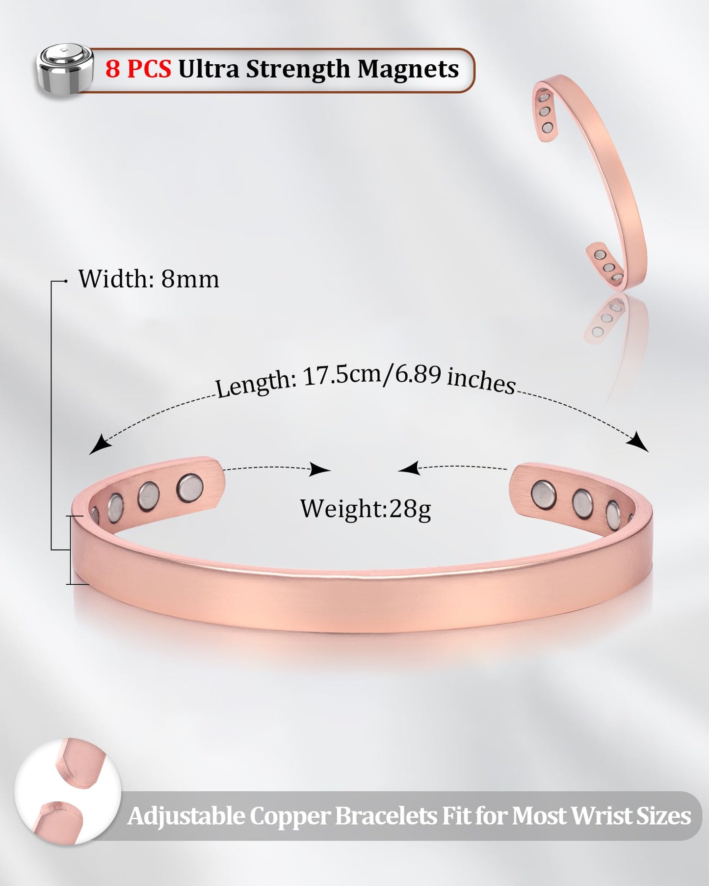 BioMag 2 Pcs Copper Bracelets for Women Men, 99.99% Pure Copper Cuff Bangle with 8 Pcs 3500 Gauss Magnets, Adjustable Size, Simple and Stylish Design