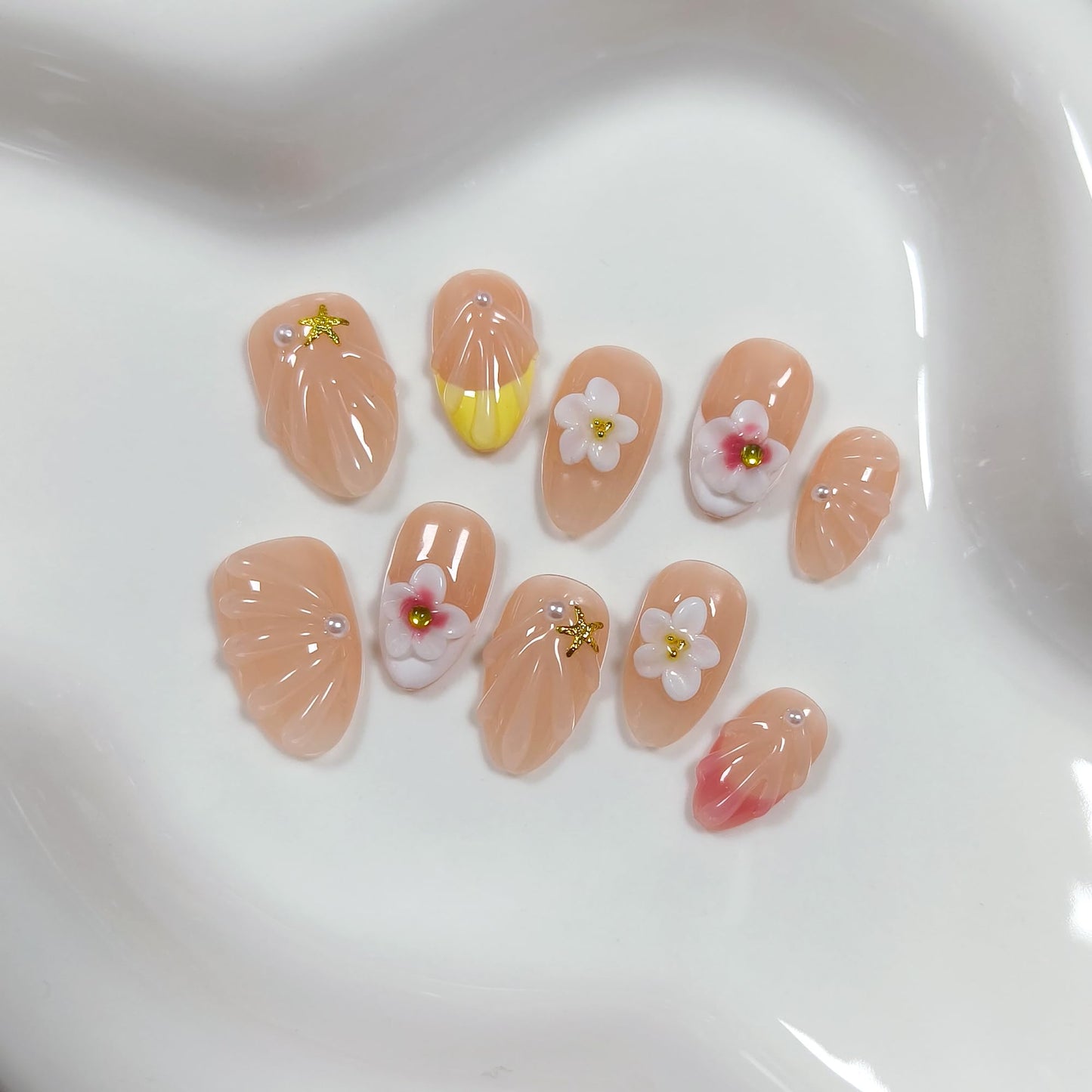 TENPAL Warm Yellow French Tips Press on Nails Short Oval with 3D Floral, Handmade & Reusable, Cute Sheer Soft Sunny Style False Nails for Clean Daily Wear(M)