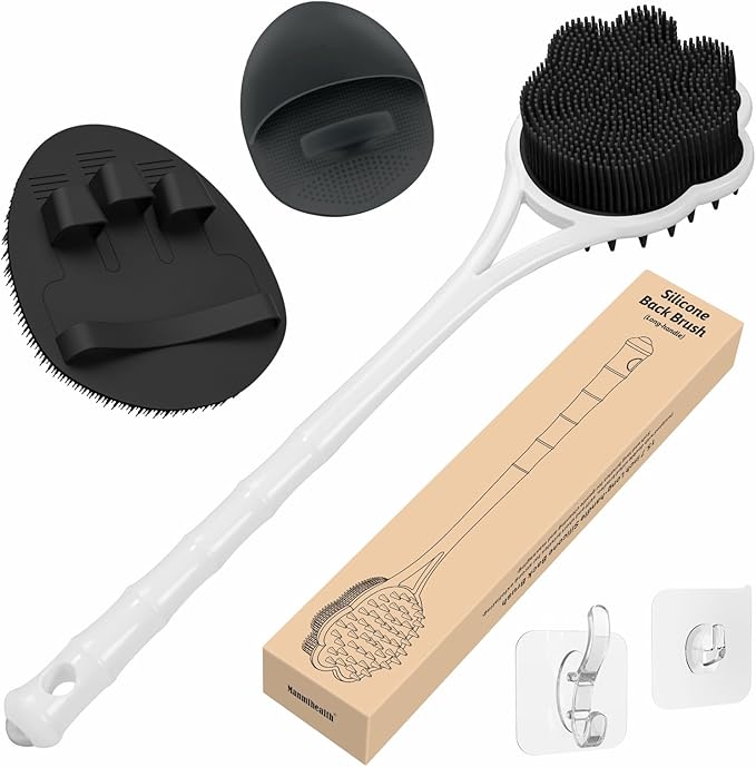 Manmihealth 15.7" Cute Back Scrubber & Soft Silicone Shower Brush Face Scrubber Set (3 PCS), Paw-Shaped Silicone Back Brush & Body Facial Scrubber with Super-Soft Bristles Combination(BlackSet)