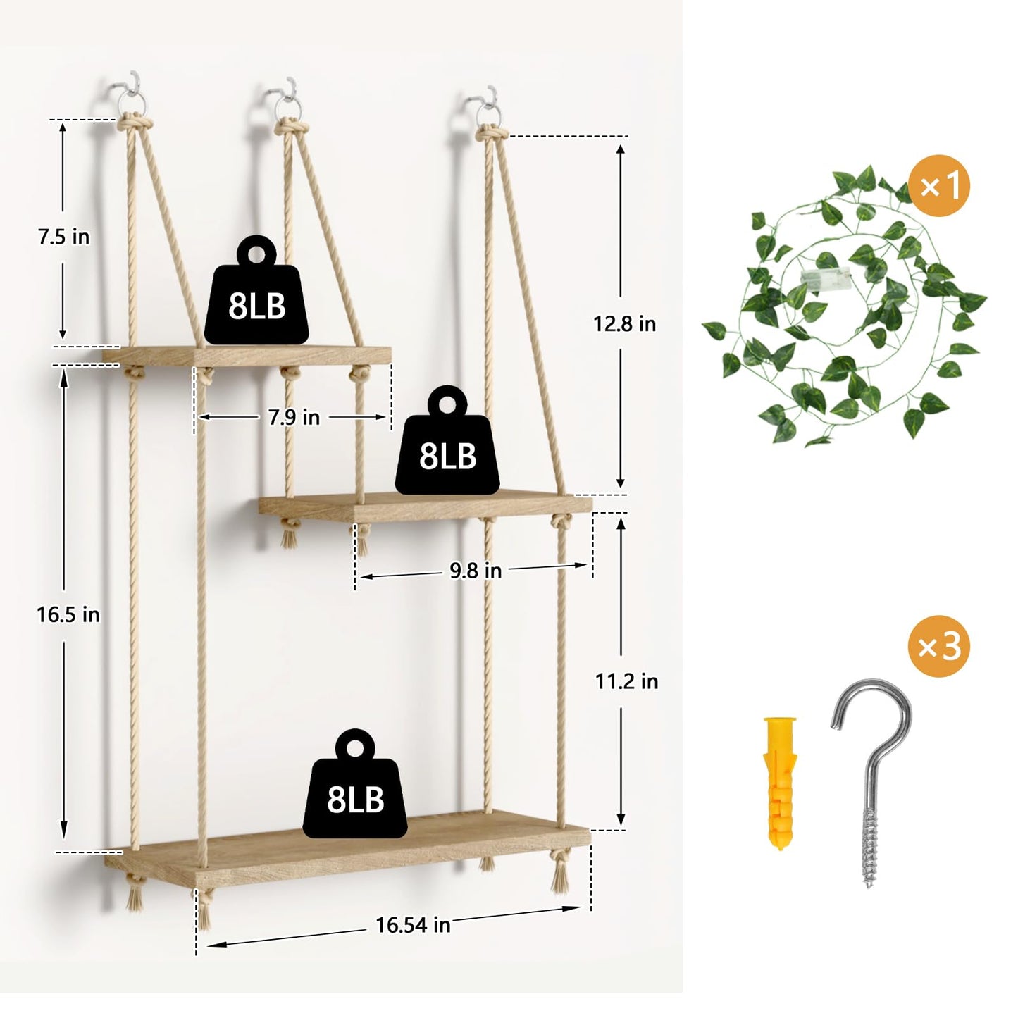 Hanging Shelves for Wall with Vine Lights 3 Tier Boho Wall Shelf Macrame Floating Shelves Rope Rustic Wood Organizer Storage Hanger Rack Decor Aesthetic for Succulents Kitchen Bedroom Bathroom