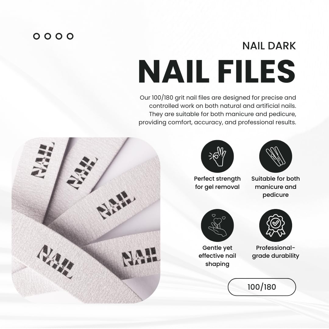 Nail Dark Professional Nail Files 100/180 Grit (Pack of 25) | Ultra-Thin Dual Sided Emery Boards for Manicure & Pedicure | Strong, Flexible Salon Grade Nail Shaping Tools (Pack of 25)