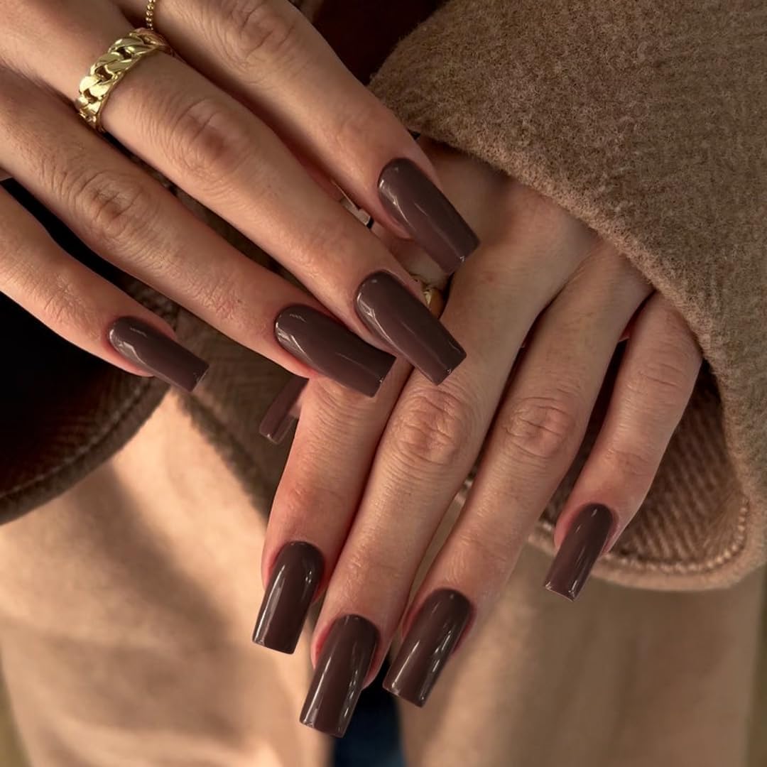 Brown Press On Nails Medium Long Square, Xcreando Medium Coffin Nails Acrylic Press ons Glue on Nails Long Length, Solid Color Fake Nail for Women, Natural Thick Artificial Nail Stick on