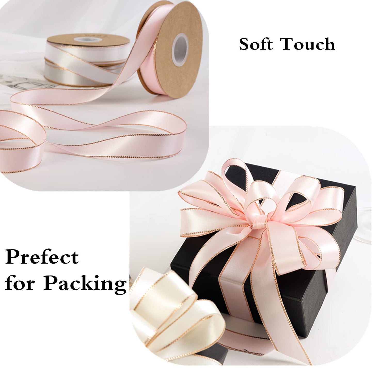 VIVIQUEN Pink Double Faced Satin Ribbon with Gold Edge, 1” Polyester Continuous Ribbon -25 Yards,Wide Ribbon for Gift Wrapping,Wedding,Bows Bouquet,Floral Arrangement and Craft