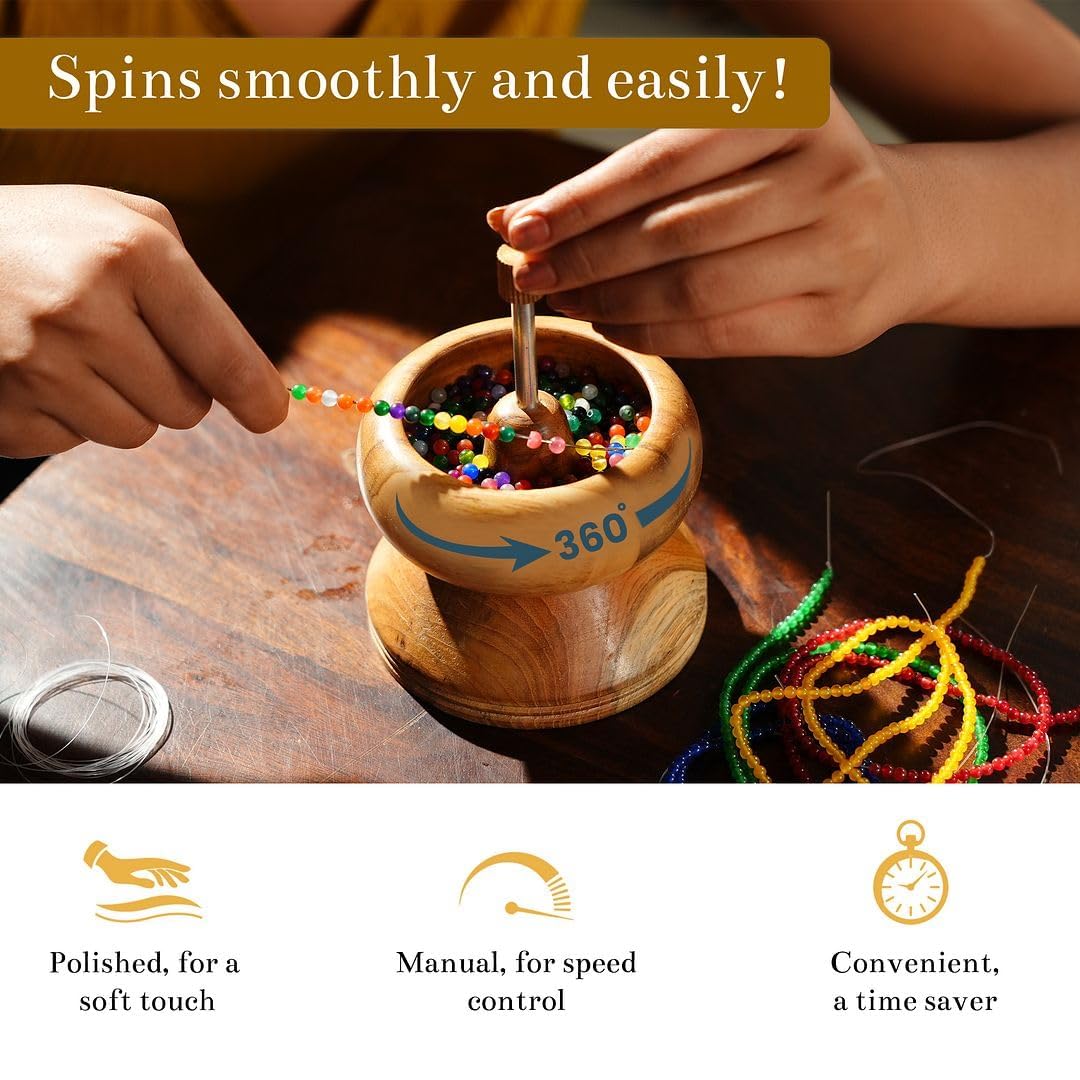 Shop LC Seed Bead Spinner for Bracelet Making Kit - Clay Beads Spinner with Big Eye Beading Needle and 3 Meter Long Thread Wooden Crafting Valentines Day Gifts for Womens - Teak Wood
