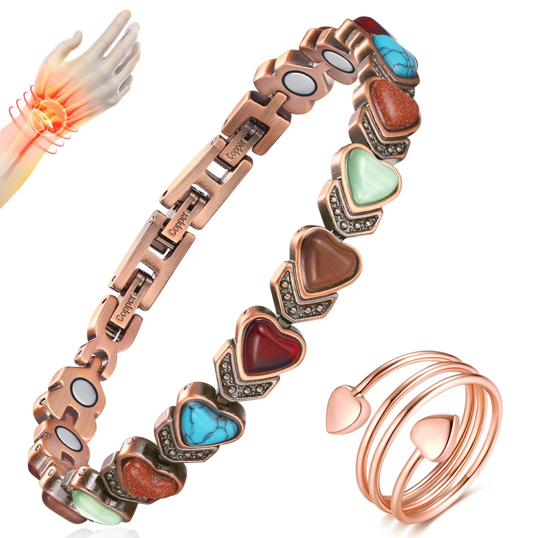 Vicmag Magnetic Copper Bracelets for Women with Natural Turquoise, 3800 Gauss Magnets Adjustable Pure Copper Bracelet & Ring