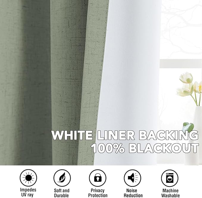 H.VERSAILTEX Linen Curtains 100% Blackout Curtains for Bedroom 108 inch Long Full Light Blocking Nature Linen Blended Window Curtains for Living Room Nickel Grommet (2 Panels, Heathered Dried Sage)