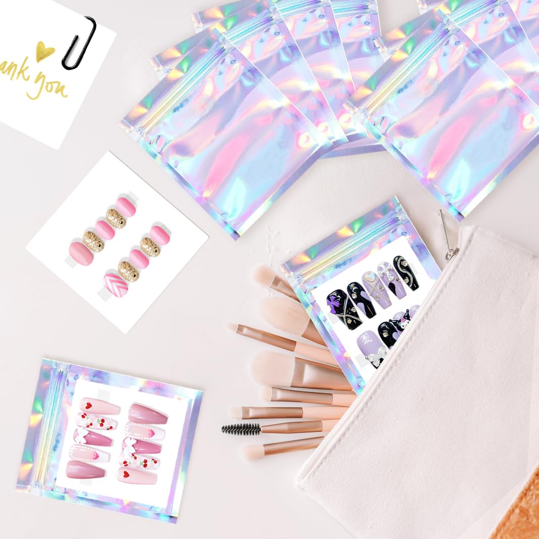 213 Pcs Empty Holographic Nail Storage Bag Press on Nail Packaging Bag with 1 Roll Transparent Tape and 12 Sheets Double Sided Nail Tape for Nail Art Display Salon Supplies