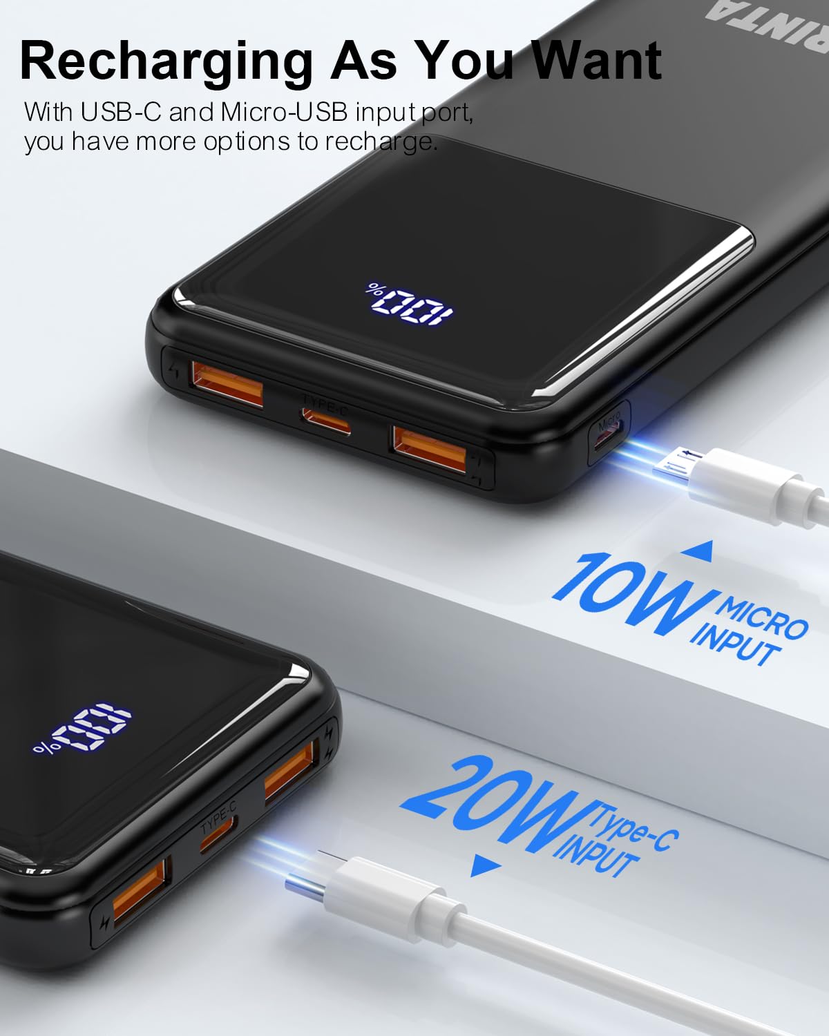 ARINTA Power Bank Portable Charger 10000mAh PD 22.5W Battery Pack, LED Display & USB-C in/Out, Travel Essentials, Compatible for Smartphones, Tablets & More (Black)