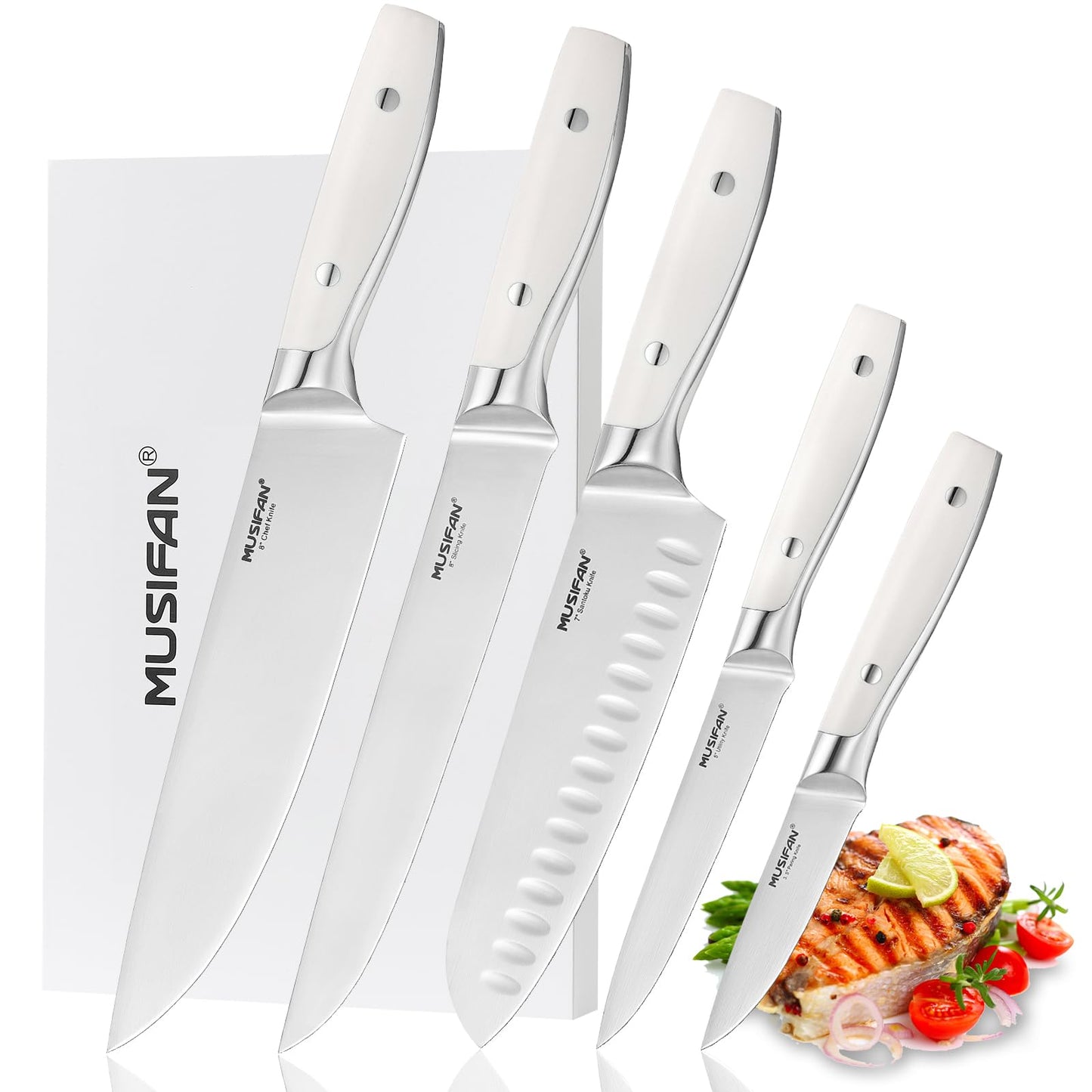 Musifan 5-Piece Chef Knife Set, Professional Ultra Sharp Kitchen Knives For Cooking High Carbon Stainless Steel, With Ergonomic Handle Design (five)