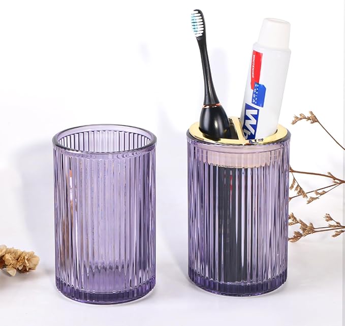 Toothbrush Holders for Bathrooms, Purple Glass Toothbrush Holder and Bathroom Tumbler Cup, 12oz Gold Bathroom Storage Cups, Tooth Brush Cup Holder Organizer for Toothpaste, Brushes, Razor