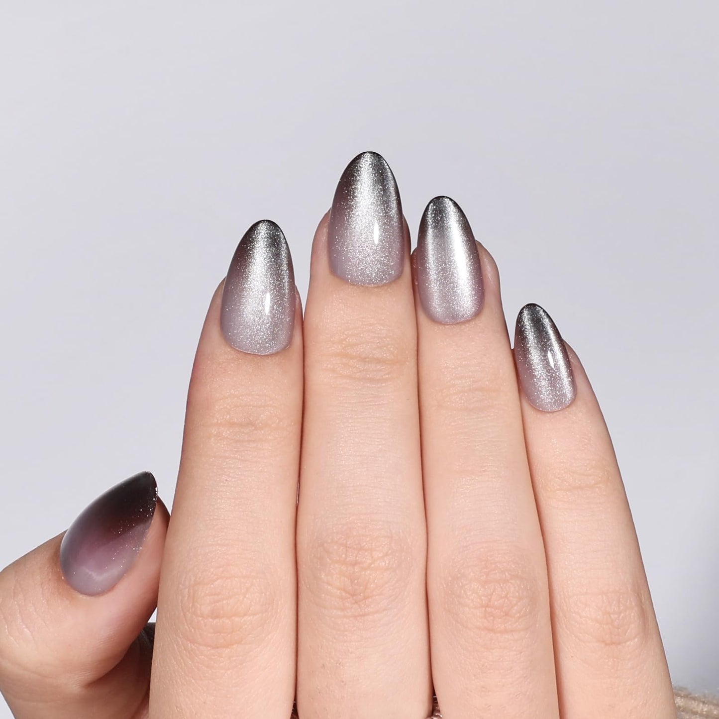Black & White French Tip Cat Eye Press On Nails - Short Almond Press On Nails, Reusable Fake Nails with Glue, 32 PCS 16 Sizes