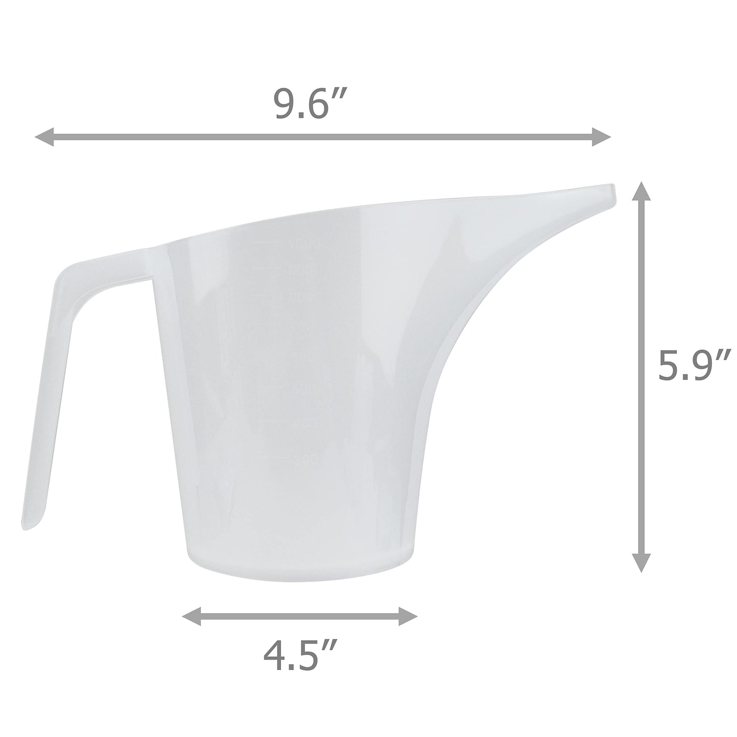 EIKS Plastic Funnel Pitcher Measuring Cup with Long Spout for Filling Muffin Pans, Baking Molds, Salt Shakers, Pancake Batter, Watering Plants(4-Pack 1000ml)