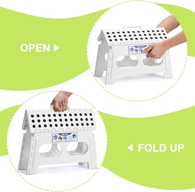Delxo Folding Step Stool for Kids and Adults,15-Inch Extra Wide 9 Inch Height Heavy Duty Stepping Stool More Safe and Comfortable Non Slip Foldable Step Stool White
