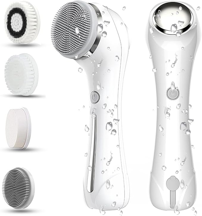 Facial Cleansing Brush, 2 in 1 Ｗaterproof IPx7 Facial Spin Scrubber Set with 4 Brush Heads, Rechargeable Exfoliating Face Brush Deep Cleansing, Gently Exfoliate and Remove Blackhead