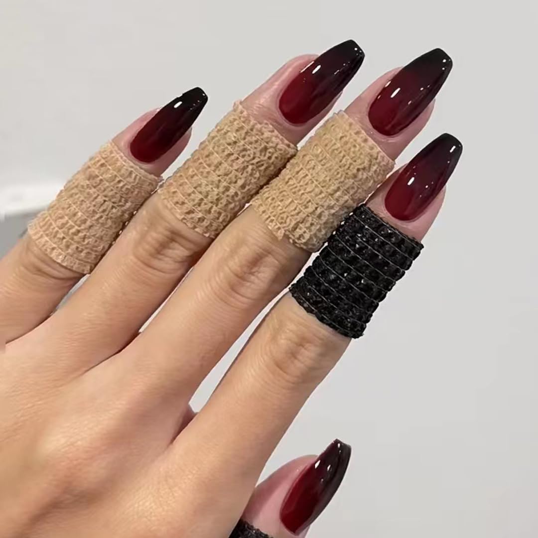 BABALAL Halloween Press on Nails Medium Coffin Fake Nails Black Red Goth Glue on Nails 24Pcs Glossy Ballerina Acrylic Nail for Women and Girls